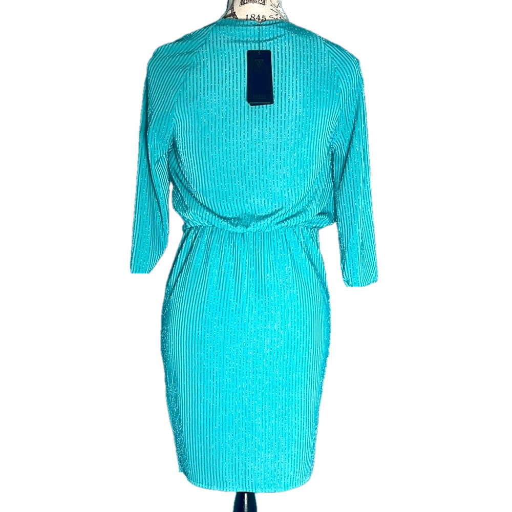 GUESS Metallic Tiffany Blue Ruched Wrap Mini Dress Prom Party Small $98 Retail - Picture 5 of 17